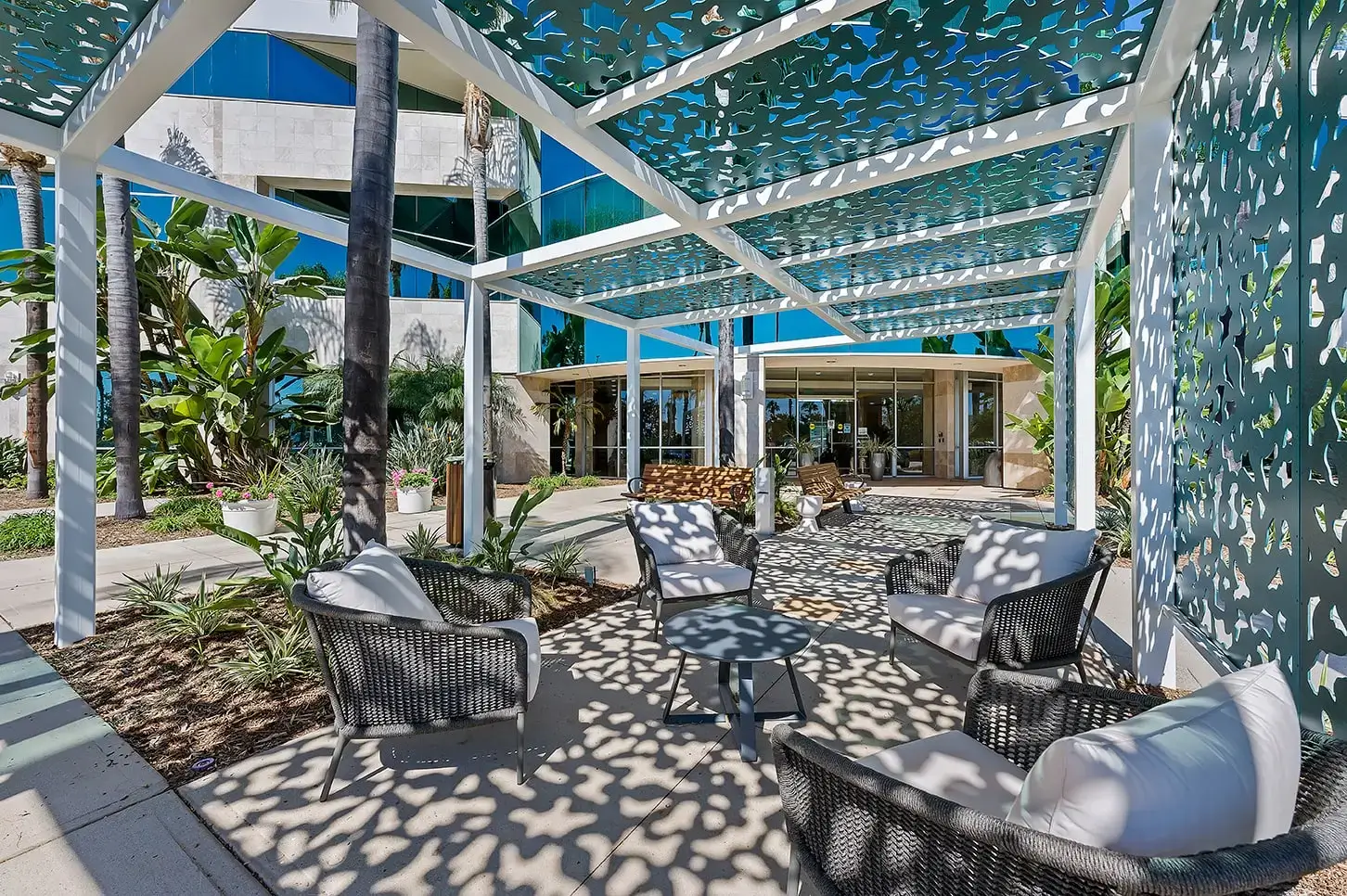 Outdoor seating area with modern design.